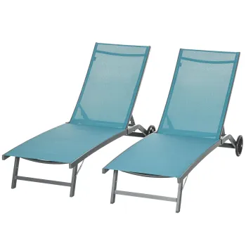 Outsunny Set de 2 Sezlonguri de Gradina cu Spatar Rabatabil pe 5 Niveluri, Sezlonguri din Aluminiu si Tesatura Respirabila, 66x165x102 cm, Albastru imagine