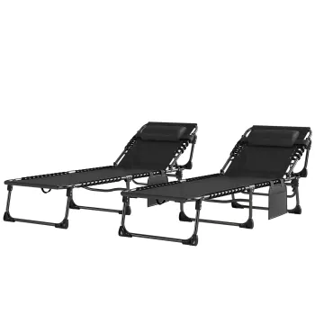 Outsunny Set de 2 Sezlonguri de Gradina Pliabile, Reglabile pe 5 Niveluri, cu Perne, Sezlonguri Textilena cu Buzunar Lateral, Maner, pentru Plaja, Piscina, 57x200x38 cm, Negru | Aosom Romania imagine