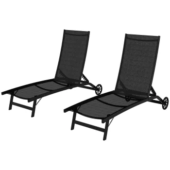 Outsunny Set de 2 sezlonguri din aluminiu si textilena cu roti, spatar inclinabil, greutate max. 150 kg, negru | Aosom Romania imagine