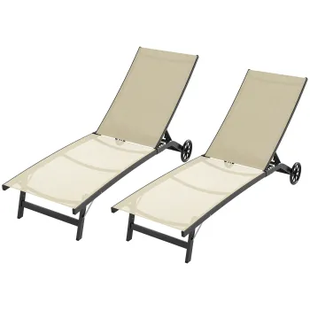 Outsunny Set de 2 sezlonguri din aluminiu si textilena cu roti, spatar reglabil, sarcina max. 150 kg kaki | Aosom Romania imagine