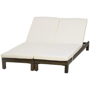 Outsunny Set de 2 Sezlonguri din Ratan PE cu Perna Capitonata, Sezlong pentru Gradina cu Spatar Rabatabil pe 5 Niveluri, 196x60x22cm imagine