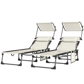 Outsunny Set de 2 Sezlonguri Pliabile cu Perna pentru Cap Copertina Buzunar Lateral si Spatar Reglabil in 5 Pozitii Crem | Aosom Romania imagine