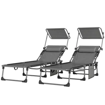 Outsunny Set de 2 sezlonguri pliabile cu perna pentru cap, told, buzunar lateral si spatar reglabil in 5 pozitii, gri | Aosom Romania imagine