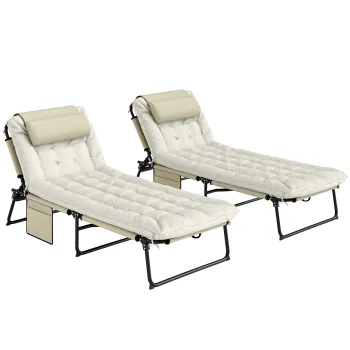 Outsunny Set de 2 sezlonguri pliabile cu spatar reglabil 4 pozitii - tetiera si saltea groasa bej | Aosom Romania imagine