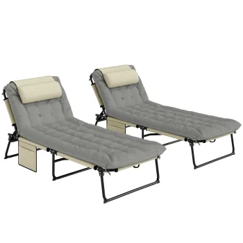 Outsunny Set de 2 sezlonguri pliabile cu spatar reglabil in 4 pozitii - suport pentru cap si saltea groasa crem | Aosom Romania imagine