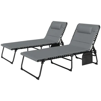 Outsunny Set de 2 sezlonguri pliabile pentru gradina cu perina, spatar reglabil in 5 trepte, buzunar lateral Gri inchis | Aosom Romania imagine