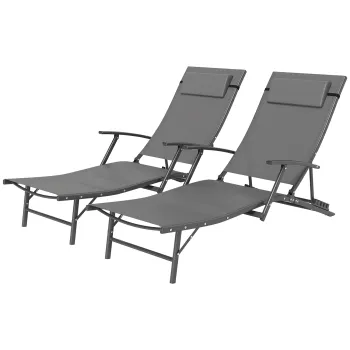 Outsunny Set de 2 Sezlonguri Pliante, Ajustabile in 4 Pozitii cu Cotiere si Perne, 64x154x87 cm, Gri | Aosom Romania imagine