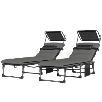 Outsunny Set de 2 sezlonguri pliante cu copertina, sezlonguri inclinabile cu perna, buzunar lateral si maner de transport, gri inchis | Aosom Romania imagine