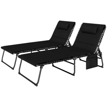 Outsunny Set de 2 sezlonguri pliante pentru gradina cu perna, spatar reglabil in 5 pozitii, buzunar lateral, Negru | Aosom Romania imagine