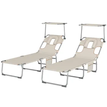 Outsunny Set de 2 sezlonguri pliante reclinabile cu copertina 360? orificiu facial buzunar lateral si Textilene 550 g/m2 bej | Aosom Romania imagine