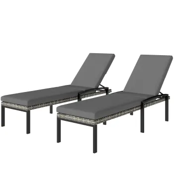 Outsunny Set de 2 sezlonguri Polyrattan, sezlong de gradina cu spatar reglabil in 5 pozitii, perna, pana la 120 kg, Gri deschis | Aosom Romania imagine