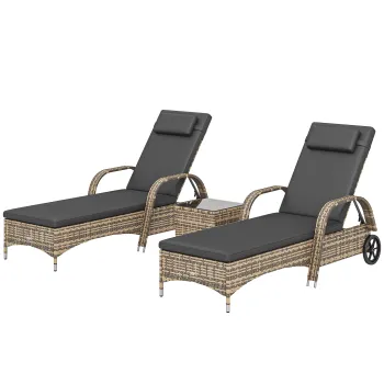 Outsunny Set de 2 sezlonguri : saltea, tetiera, inclinare reglabila, roti + masuta de cafea cu sticla securizata gri inchis | Aosom Romania imagine