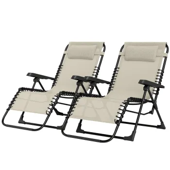 Outsunny Set de 2 sezlonguri, sezlong pliant reglabil cu tetiera din textilena, 90 x 65 x 112 cm, bej | Aosom Romania imagine