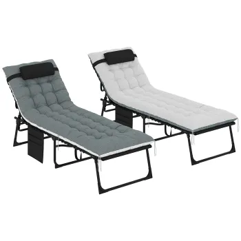 Outsunny Set de 2 sezlonguri, sezlong pliant si reglabil, perna, tetiera, buzunar lateral, 60x190x31cm, gri | Aosom Romania imagine