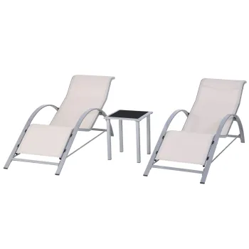 Outsunny Set de 2 Sezlonguri si Masuta cu Blat din Sticla, 59x169x66 cm, Crem | Aosom Romania imagine