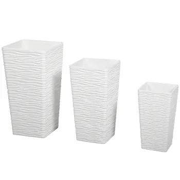 Outsunny Set de 3 Ghivece de Exterior Suprapozabile cu Model Ondulat, Ghivece Patrate din Plastic pentru Flori cu Orificii de Drenaj, 42/55/65 cm, Alb, Negru, Maro | Aosom Romania imagine