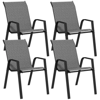 Outsunny Set de 4 scaune stivuibile pentru exterior, Scaune de gradina din ratan cu cotiere si spatar, pentru terasa, veranda, Gri imagine