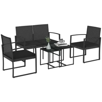 Outsunny Set de 5 piese din ratan PP Set de canapea cu perne, Mobilier de gradina pentru exterior cu canapea pentru doua pesoane cu efect de ratan, Negru imagine