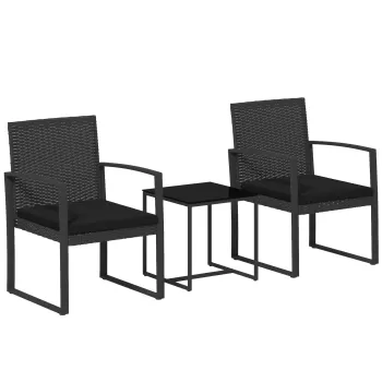 Outsunny Set de cafea din ratan PP din 3 piese cu perne, Mobilier bistro pentru exterior cu fotolii cu efect de ratan si masa cu blat din sticla, pentru terasa, veranda, Negru imagine