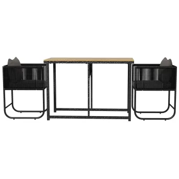 Outsunny Set de dining din 3 piese din ratan pentru terasa, Masa si scaune pentru exterior pentru 2 persoane cu blat din lemn compozit, pentru piscina, gradina, Negru imagine