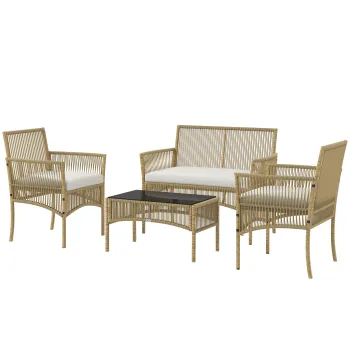 Outsunny Set de Exterior cu 2 Fotolii de Exterior, Canapea de Gradina si Masuta de Cafea, 56x56x80 cm, Lemn Natural | Aosom Romania imagine