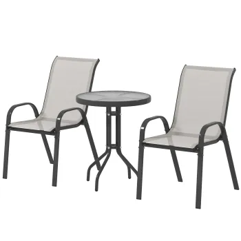 Outsunny Set de gradina 3 piese cu masa rotunda cu blat din sticla si scaune suprapuse pentru exterior Gri deschis | Aosom Romania imagine