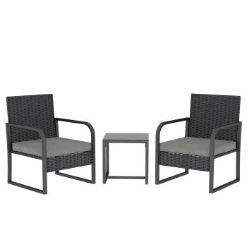 Outsunny Set de Gradina 3 Piese din Rattan PE si Otel, Set cu 2 Fotolii cu Perne Lavabile si Masuta de Cafea cu Blat din Sticla, Set de Mobilier pentru Balcon, Terasa sau Curte, Gri Inchis si Negru | Aosom Romania imagine