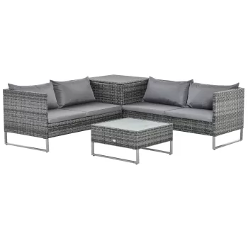 Outsunny Set de Gradina 4 Bucati cu 2 Canapele 2 Locuri, Masuta de Cafea si Masuta Inalta cu Lada, Set Masute si Scaune de Gradina din Otel si Ratan Gri si Argintiu imagine