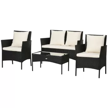 Outsunny Set de Gradina 4 Piese din Ratan cu 2 Scaune, Fotoliu de Gradina cu 2 Locuri si Masuta Joasa de Cafea, Negru si Crem | AOSOM RO imagine