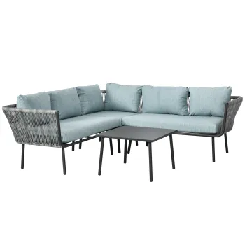 Outsunny Set de Gradina 4 Piese din Ratan si Aluminiu cu Masuta de Cafea, 2 Canapele pe Colt si Fotoliu, Albastru | Aosom Romania imagine