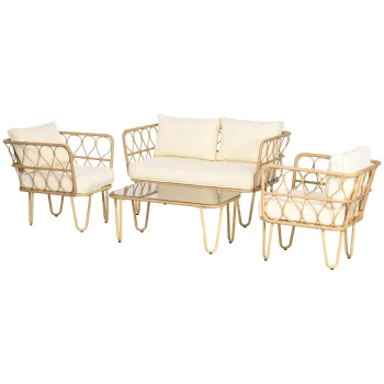 Outsunny Set de gradina canapea 2 locuri + 2 fotolii + 1 masa de cafea cu blat din sticla securizata 7 perne ecru | Aosom Romania imagine