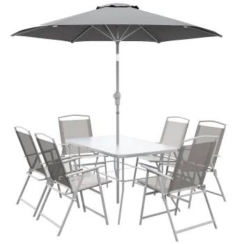 Outsunny Set de Gradina cu Masa, 6 Scaune Pliante si Umbrela de Soare cu Manivela, Lounge in Aer Liber din 8 Piese, 130x80x71 cm, Gri imagine