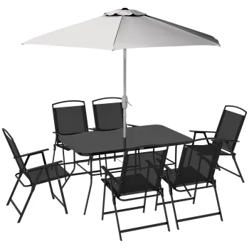 Outsunny Set de gradina cu Masa, 6 Scaune Pliante si Umbrela de Soare cu Manivela, Set pentru Exterior din 8 piese, 140x90x70 cm, Gri imagine