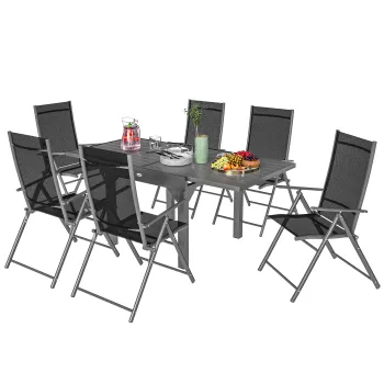Outsunny Set de Gradina din 7 Piese cu Masa Extensibila si 6 Scaune Pliabile cu Brate, 90/180x90x75 cm, Gri si Negru | Aosom Romania imagine