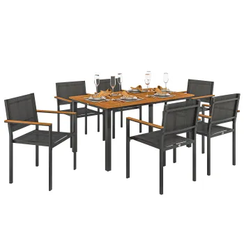 Outsunny Set de Gradina din 7 Piese cu Masa si 6 Scaune Stivuibile cu Brate, 150x90x75 cm, Lemn Natural | Aosom Romania imagine