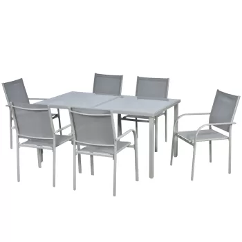 Outsunny Set de Gradina din 7 Piese, Masa si 6 Scaune Stivuibile, Cadru din Aluminiu, Blat din Sticla Securizata, Scaune din Plasa, Gri | Aosom RO imagine