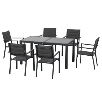 Outsunny Set de Gradina din Aluminiu 7 Piese cu Masa Dreptunghiulara Extensibila si 6 Scaune de Exterior cu Sezuta din Plasa Respirabila, Gri imagine