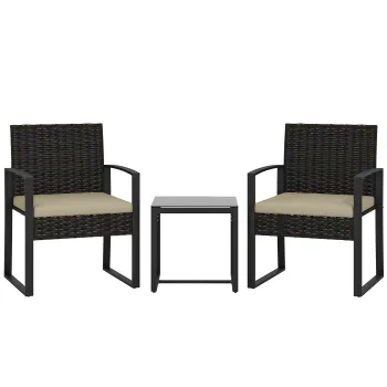 Outsunny Set de gradina din ratan PE pentru 2 persoane, masa de gradina cu 2 scaune, blat din sticla securizata, maro | Aosom Romania imagine