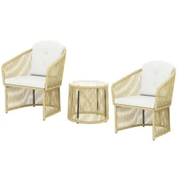 Outsunny Set de gradina exterior din rasina impletita pentru 2 persoane, masa de gradina exterioara cu 2 scaune cu perne, crem | Aosom Romania imagine