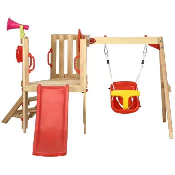 Outsunny Set de leagan si tobogan 4 in 1, Set de leagan pentru copii cu scaun de leagan, tobogan, volan, claxon, Set din lemn de leagan de gradina pentru copii 18-48 de luni, Rosu imagine
