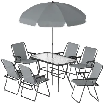 Outsunny Set de Masa de Gradina 8 Piese cu Umbrela, Set Mobilier Gradina cu 6 Scaune Pliabile, Masa din Sticla Temperata si Umbrela pentru Terasa, Gri | Aosom Romania imagine