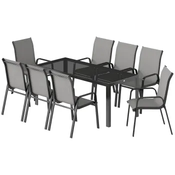 Outsunny Set de Masa de Gradina 9 Piese, Masa si Scaune pentru 8 Persoane, Set Exterior cu Blat din Sticla Temperata, Gri | Aosom Romania imagine
