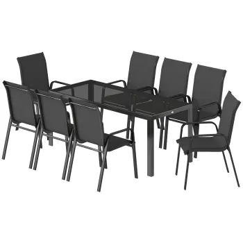 Outsunny Set de Masa de Gradina 9 Piese, Masa si Scaune pentru 8 Persoane, Set Exterior cu Blat din Sticla Temperata, Negru | Aosom Romania imagine