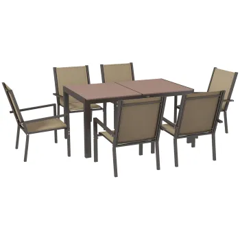 Outsunny Set de Masa de Gradina de 7 Piese cu Masa din Compozit din Lemn-Plastic, Masa de Exterior si 6 Fotolii Stivuibile cu Sezut si Spatar imagine