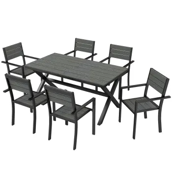 Outsunny Set de Masa pentru Exterior 7 Piese pentru 6 Persoane, Masa si Scaune Stivuite cu Lamele Efect Lemn, Cadru din Aluminiu, Gri | Aosom Romania imagine