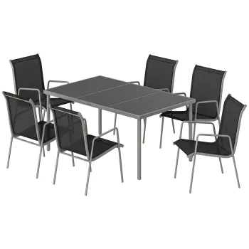 Outsunny Set de masa si scaune pentru gradina cu masa din sticla securizata si 6 scaune stivabile respirabile pentru terasa, negru | Aosom Romania imagine