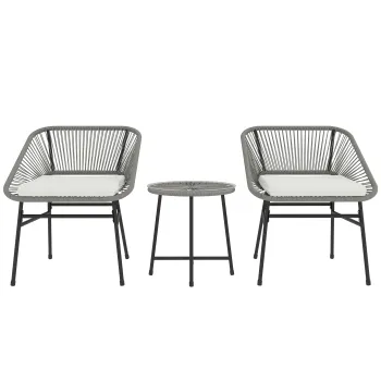Outsunny Set de mobilier de exterior cu 3 piese, 1 masa, 2 scaune, Impletitura de ratan, Cadru din otel, Masa de cafea cu blat de sticla, Gri inchis | Aosom Romania imagine