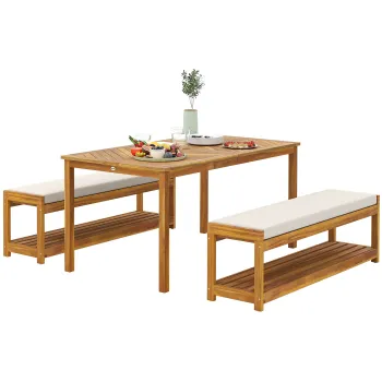 Outsunny Set de mobilier de gradina 3 buc., Set de scaune cu 1 masa cu orificiu pentru umbrela, 2 banci 150 x 85 x 75 cm Teak | Aosom Romania imagine