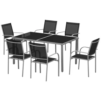Outsunny Set de mobilier de gradina 6 scaune + 1 masa din otel salon de gradina 7 piese scaune empilabile placa din sticla securizata negru | Aosom Romania imagine