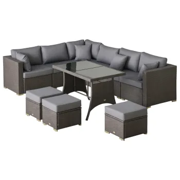 Outsunny Set de Mobilier de Gradina cu 10 Piese in Ratan, cu Perne pentru Scaun si Spatar, Cadru Metalic Anticoroziv, Gri Inchis | Aosom Romania imagine